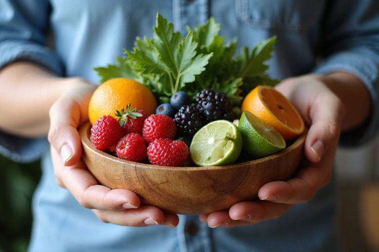 A person holding a bowl of fresh, colorful fruits and vegetables, symbolizing healthy eating and vitality.