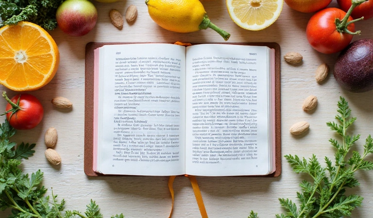 Open book or tablet with healthy food and a plant, symbolizing knowledge and growth.