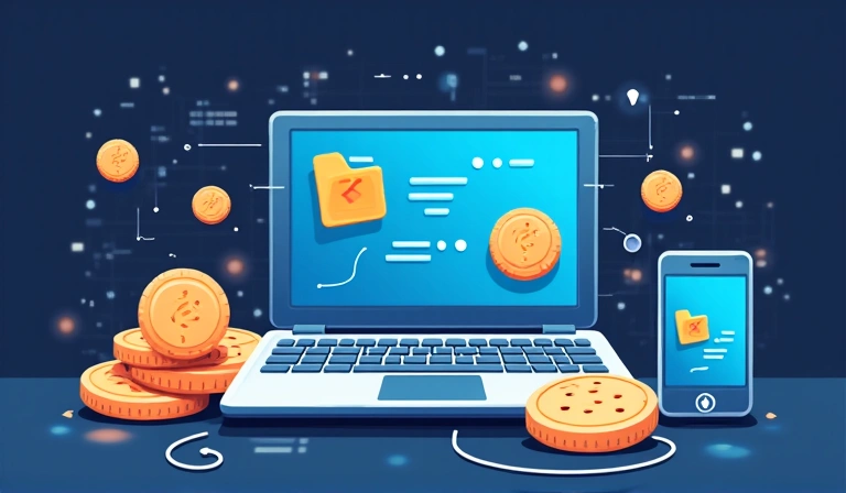 Illustration of various types of cookies on a digital device screen, showing data flow and privacy settings