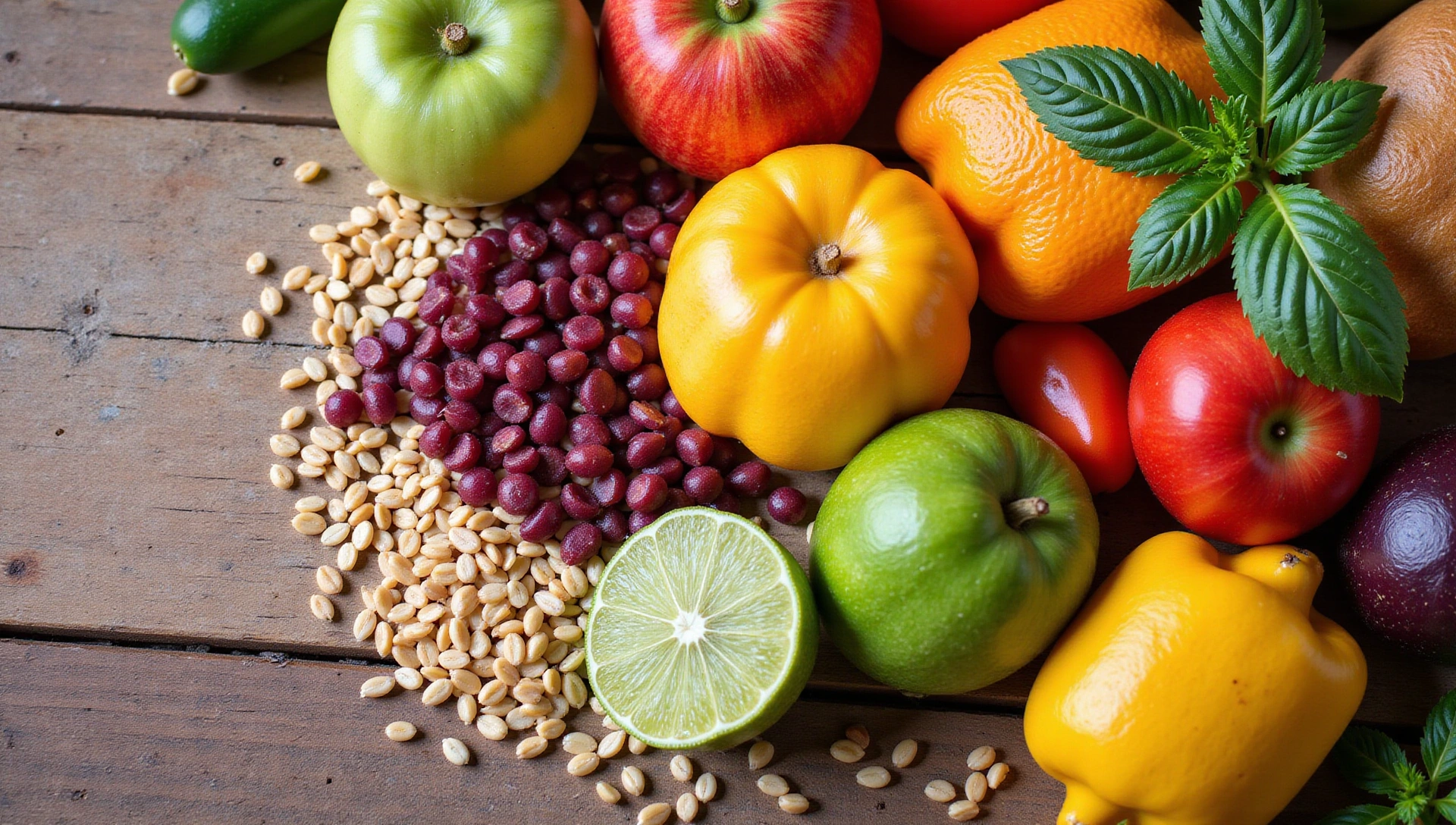 High-quality, vibrant image of fresh, healthy food (fruits, vegetables, grains) artfully arranged on a wooden table, with soft natural lighting, no text.