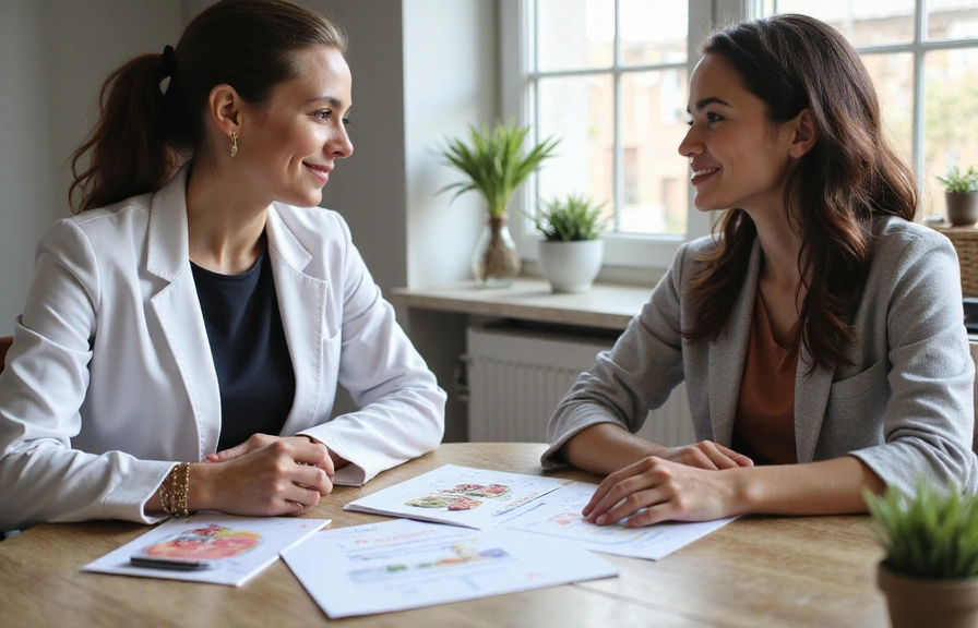 A close-up of a nutritionist and client discussing a health plan, with a focus on listening and understanding.