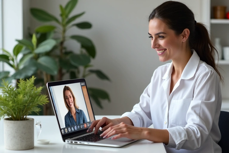 A nutritionist giving advice to a client via video call, showing interaction and support.