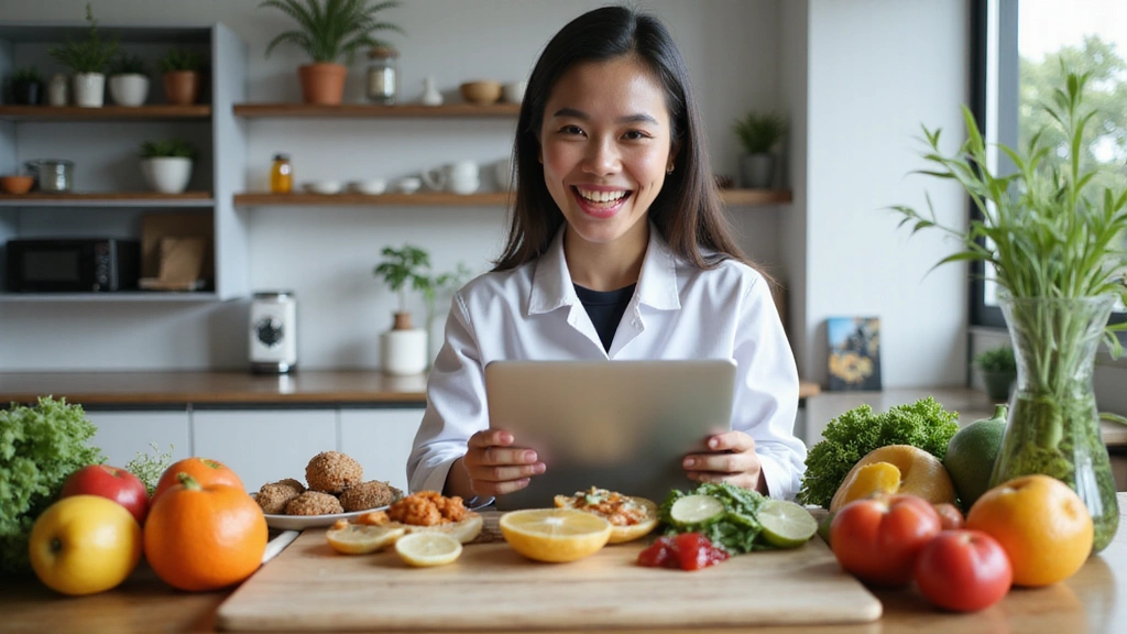 A person using a laptop for an online consultation, with healthy food in the background, clean and modern.