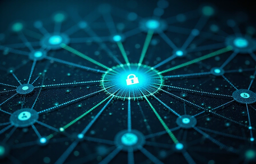 Abstract network of interconnected nodes representing secure data transfer and privacy