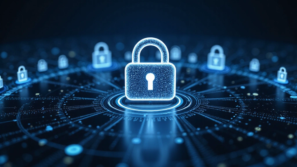 Abstract representation of data security with interlocking shields and digital locks