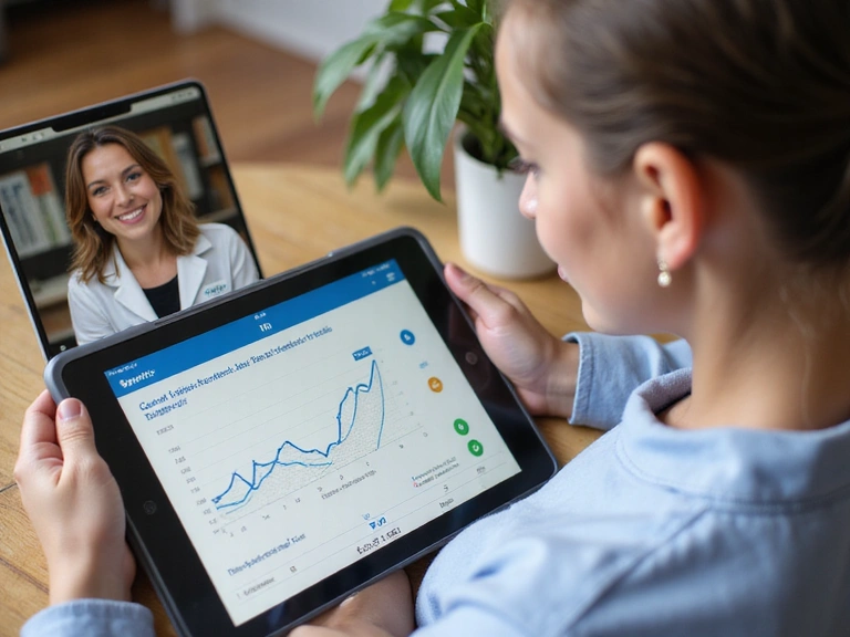 A person reviewing their progress chart on a tablet, with a cheerful nutritionist on a video call providing encouragement and advice.