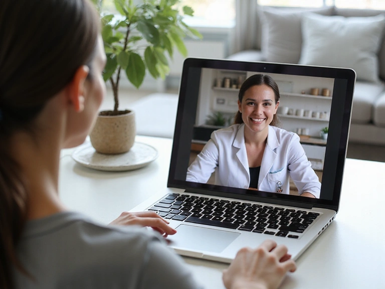 A nutritionist having a friendly online consultation with a client on a laptop screen, showing both individuals engaged in discussion.