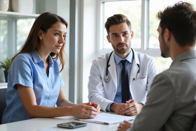 A doctor or nutritionist consulting with a patient in a professional, empathetic setting, discussing health and wellness. No specific faces are clearly visible to maintain privacy.