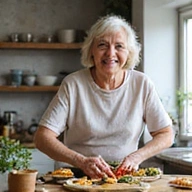 Smiling client C, an elderly woman happily preparing a healthy meal in her kitchen